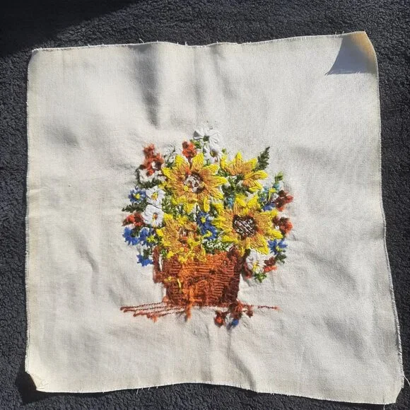 Finished Crewel Stitch Sunflowers Completed 15" x 15.5" - Picture 2 of 4